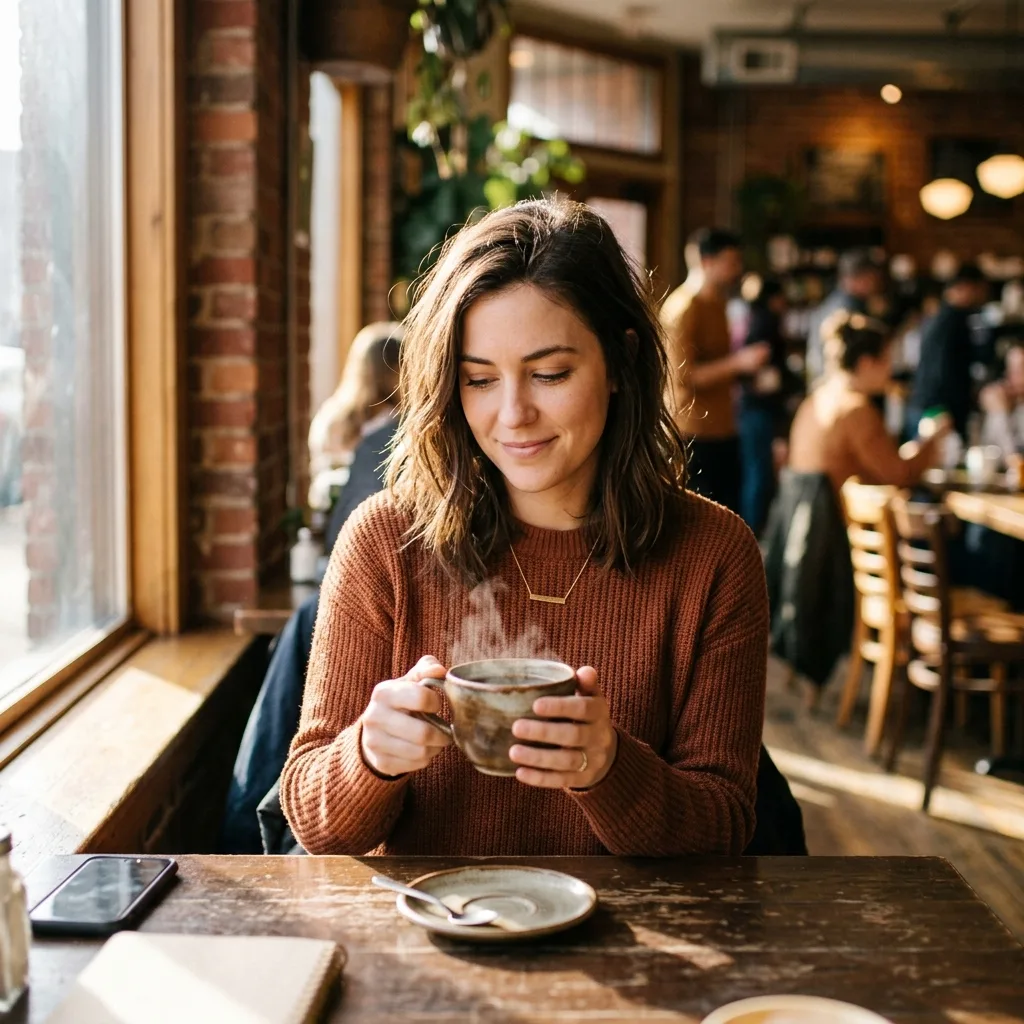 Mulher tomando café numa cafeteria movimentada