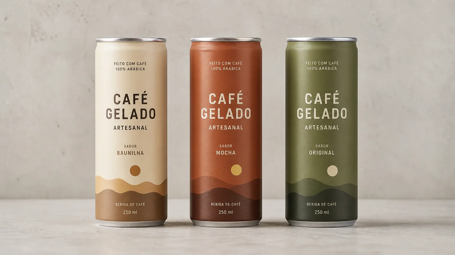 Três latas de café gelado artesanal com rótulos minimalistas