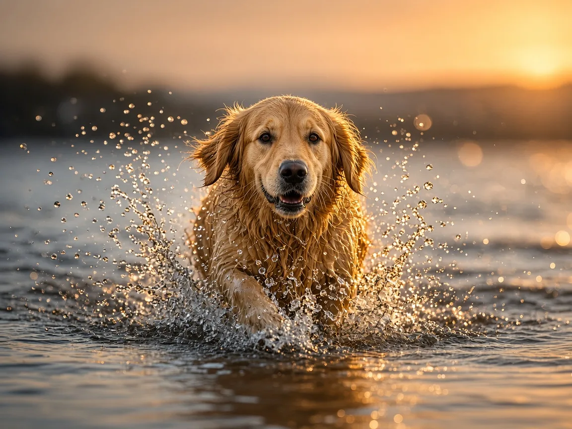 Golden retriever correndo em água rasa ao pôr do sol